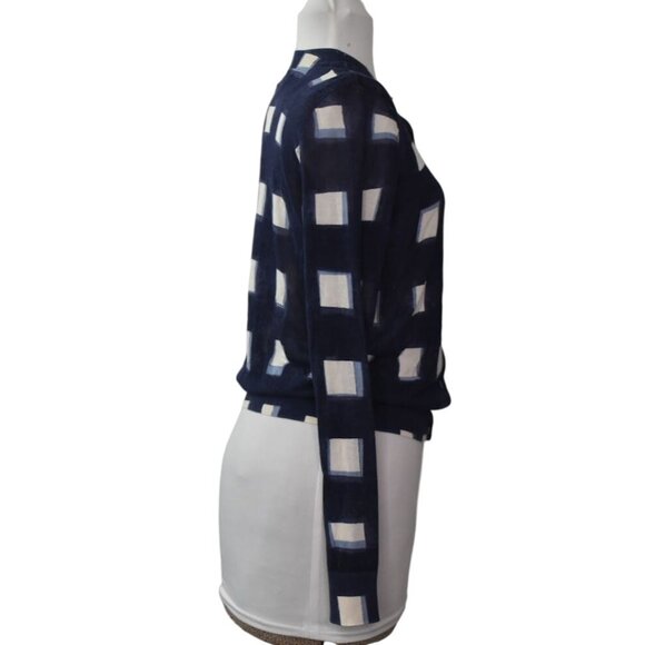 Tory Burch Cardigan Sweater Womens Small Navy Antibesa Cotton Geometric Pattern - Picture 2 of 11